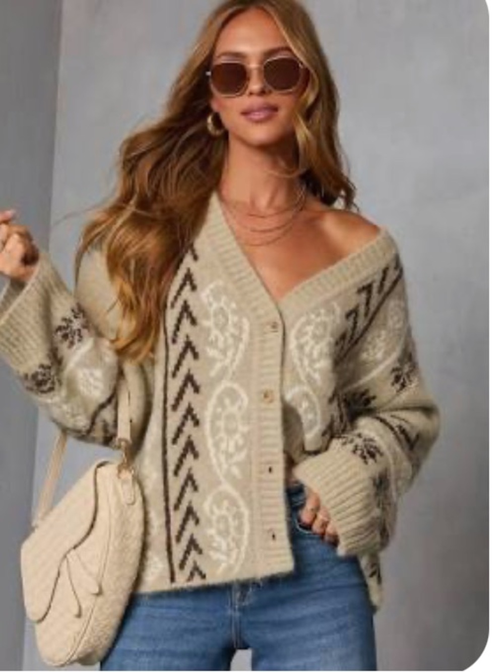 Promesa Beige Oatmeal Patterned V-Neck Button Cardigan